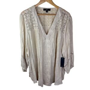 NWT Gnu Women's Plus 3X Crochet Lace Detail Bohemian Tunic Top Long Sleeve Cream